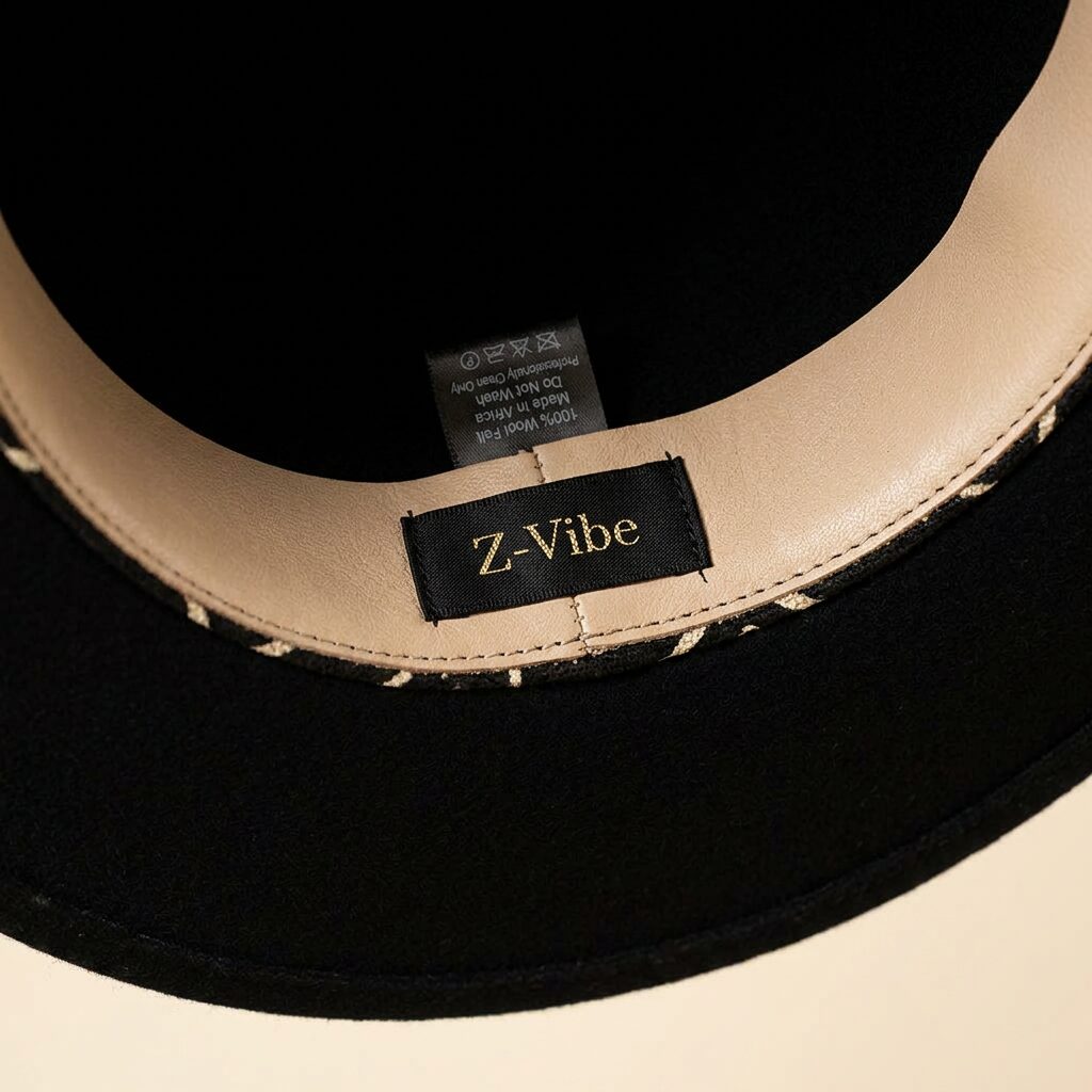 Heritage Brim Hat — Men, 06 Inner tags (view 6 of 7). Hardware and label: closure mechanism, atelier reference and care instructions.