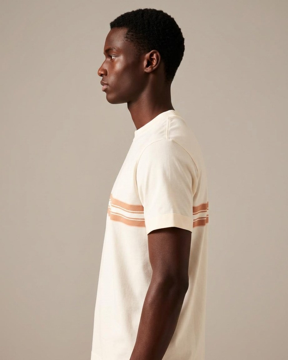Heritage Stripe Tee — Men, 02 Left (view 2 of 7). Left profile: shoulder line, sleeve fall and the outer seam trim.