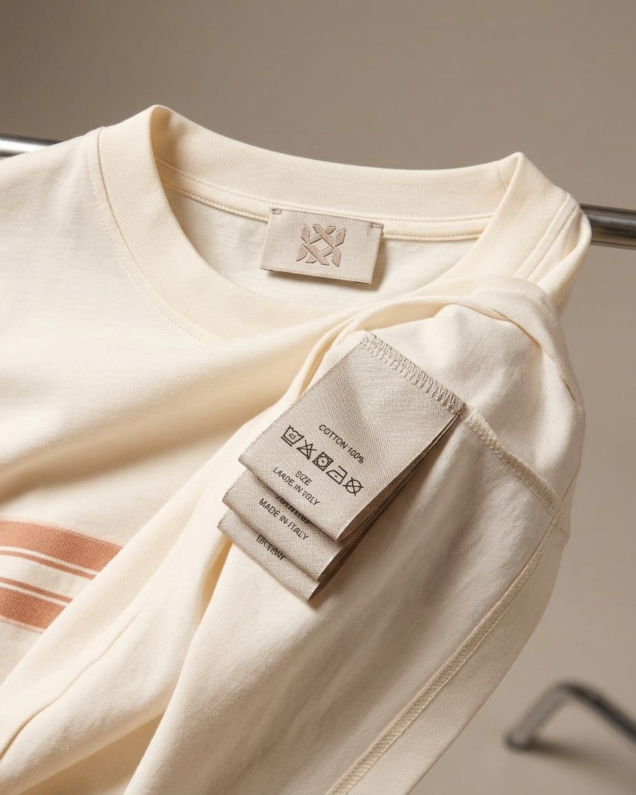 Heritage Stripe Tee — Men, 06 Inner tags (view 6 of 7). Inner tags: size scale, atelier reference and care instructions.