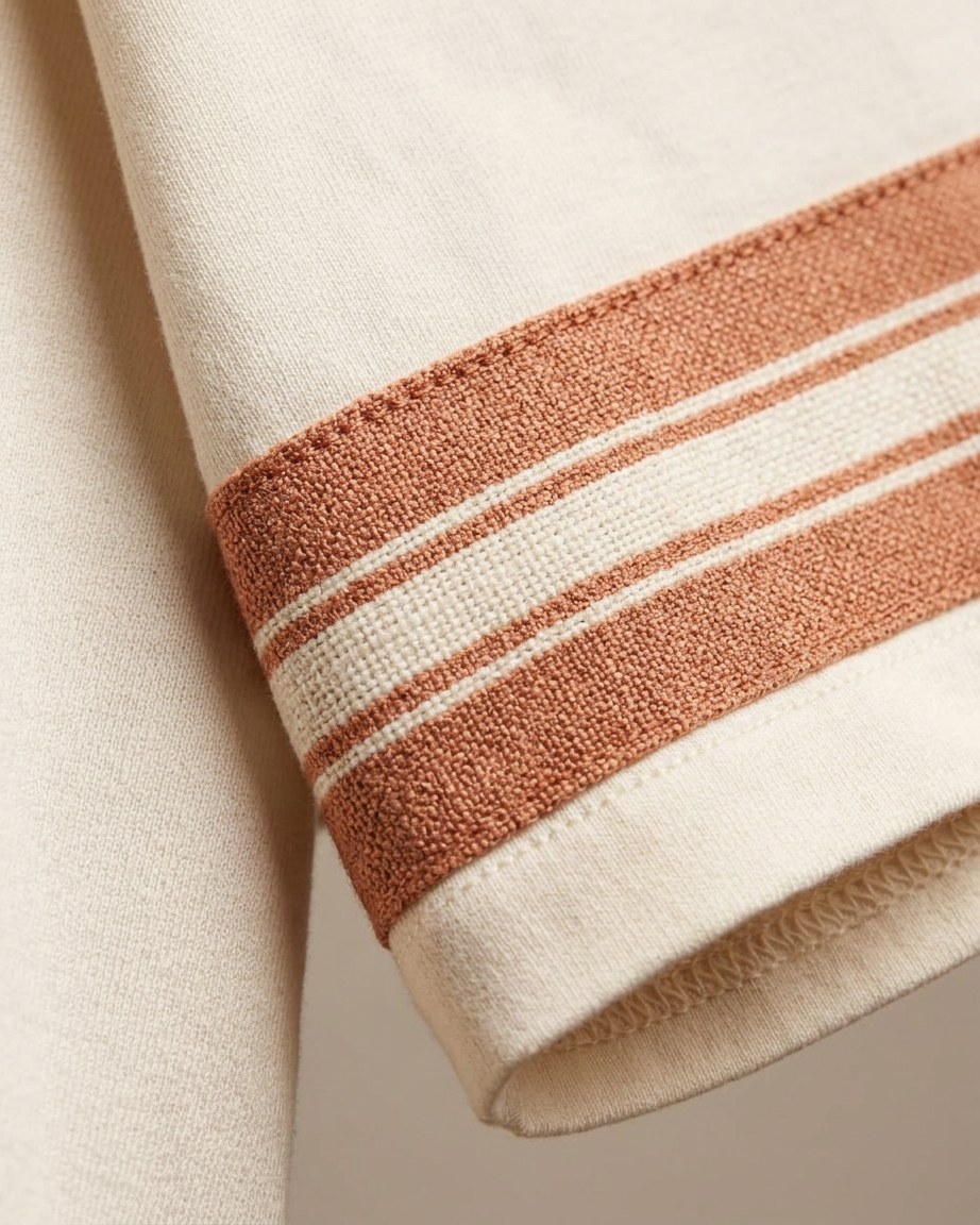 Heritage Stripe Tee — Men, 07 Fabric detail (view 7 of 7). Fabric detail: close study of the cloth, hand-printed mudcloth motif and stitching.