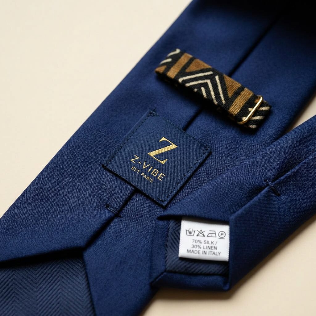 Heritage Silk-Linen Tie — Men, 06 Inner tags (view 6 of 7). Hardware and label: closure mechanism, atelier reference and care instructions.