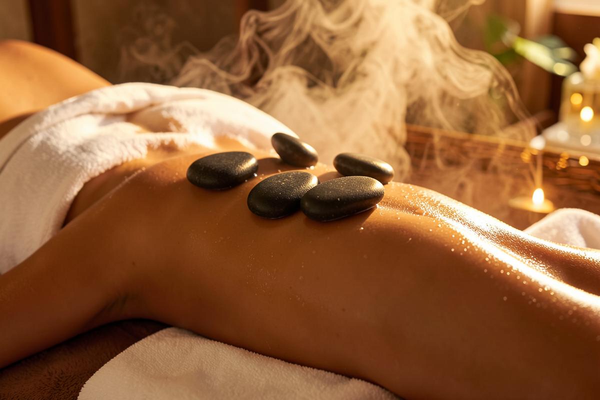 Heated basalt stones laid along a back during hot stone therapy