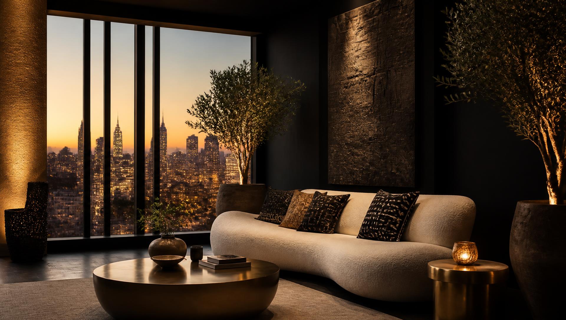 A warmly lit lounge with city skyline views, styled for an hourly booking