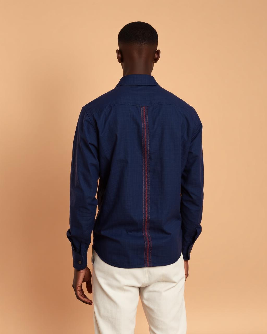 Indigo Back Strip Shirt — Men — House · Z-VIBE LINEN HERITAGE SHIRTS™ seven-view specification plate; showing 01 Front, 02 Left, 03 Right, 04 Back, 05 Interior, 06 Inner tags, 07 Fabric detail. — 01 Front, Indigo