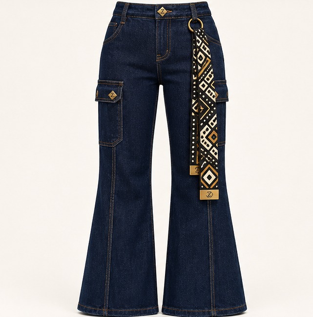 Indigo Compass Cargo Flare — Women · Denim seven-view specification plate; showing 01 Front, 02 Left, 03 Right, 04 Back, 05 Interior, 06 Inner tags, 07 Fabric detail.