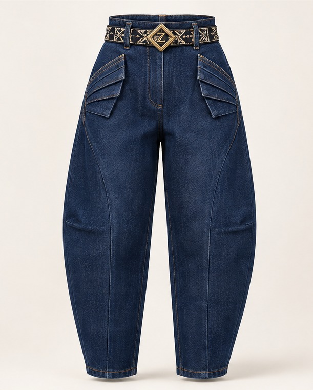 Indigo Orbit Barrel — Women · Denim seven-view specification plate; showing 01 Front, 02 Left, 03 Right, 04 Back, 05 Interior, 06 Inner tags, 07 Fabric detail.