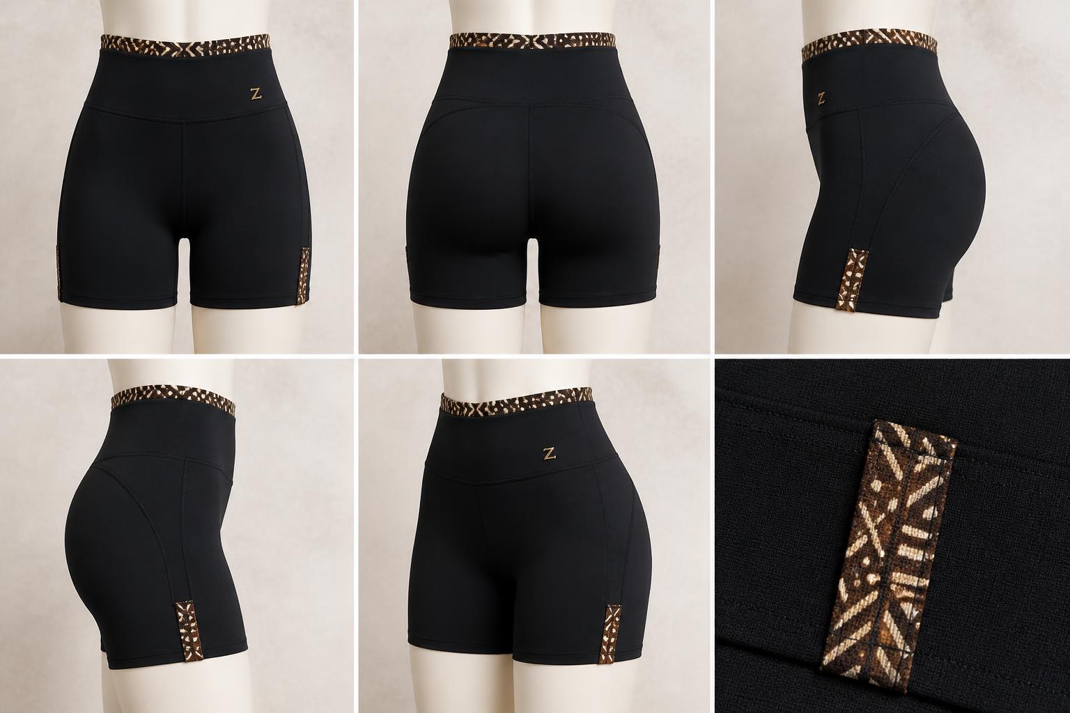 Inner Rise Sculpt Short — Women — House · Global Heritage Fusion seven-view specification plate; showing 01 Front, 02 Left, 03 Right, 04 Back, 05 Interior, 06 Inner tags, 07 Fabric detail. — 01 Front, Noir Black