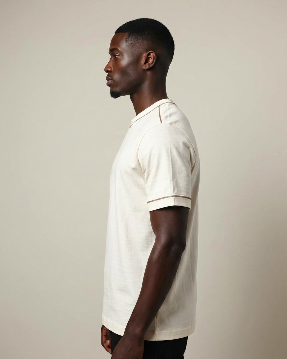 Ivory Legacy Tee — Men, 02 Left (view 2 of 7). Left profile: shoulder line, sleeve fall and the outer seam trim.