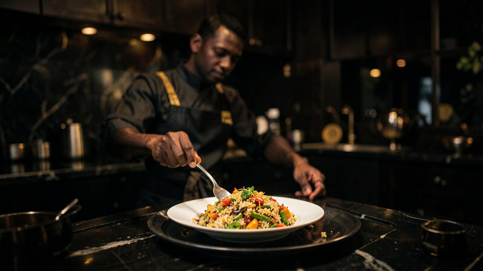 A chef plating a cooked-to-order dish in a home kitchen