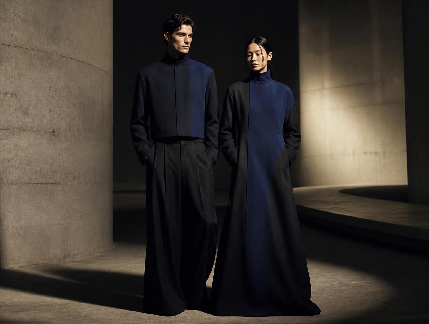 Earth Elements couple look — two silhouettes cut from one cloth run