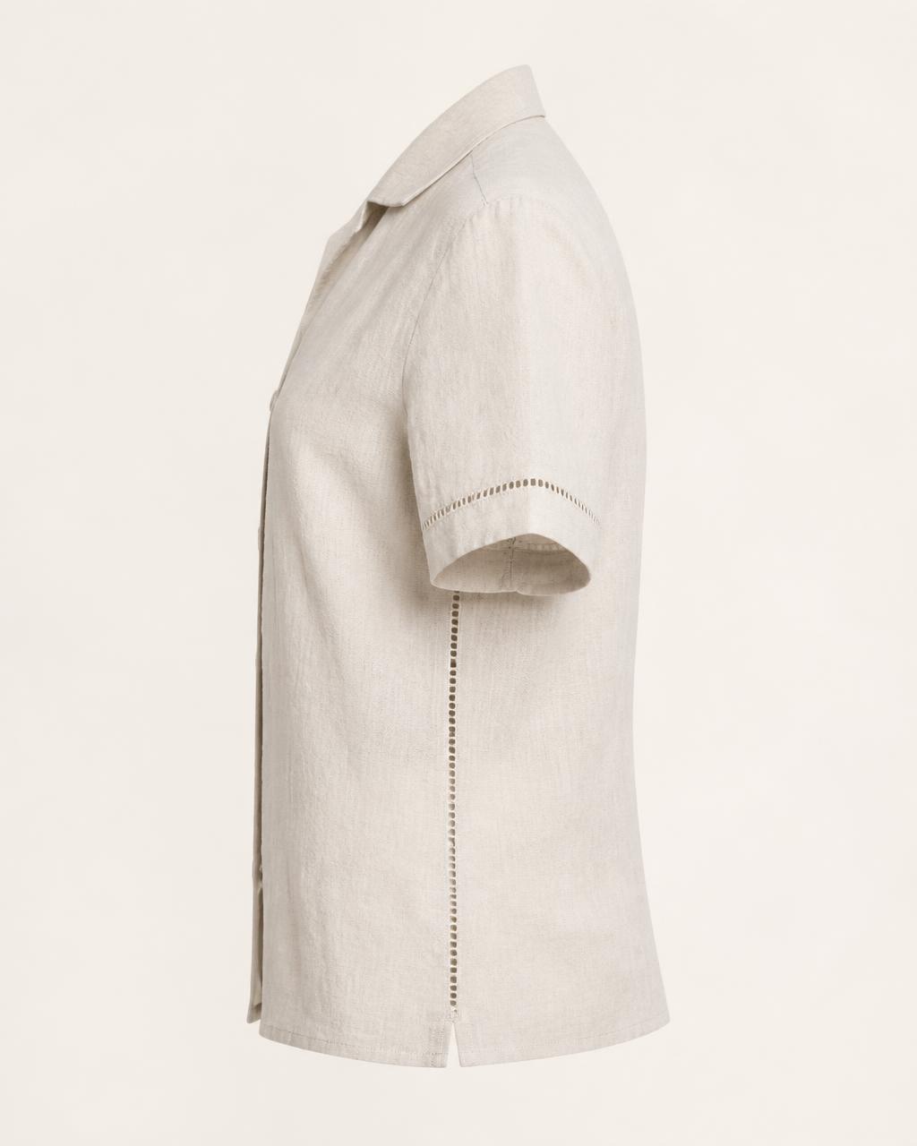 Ladder Placket Linen Shirt — Women, 02 Left (view 2 of 7). Left profile: shoulder line, sleeve fall and the outer seam trim.
