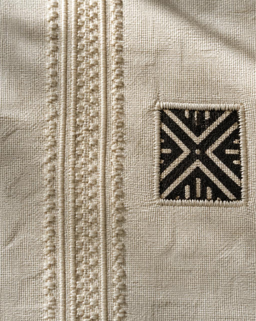Ladder Placket Linen Shirt — Women, 07 Fabric detail (view 7 of 7). Fabric detail: close study of the cloth, hand-printed mudcloth motif and stitching.