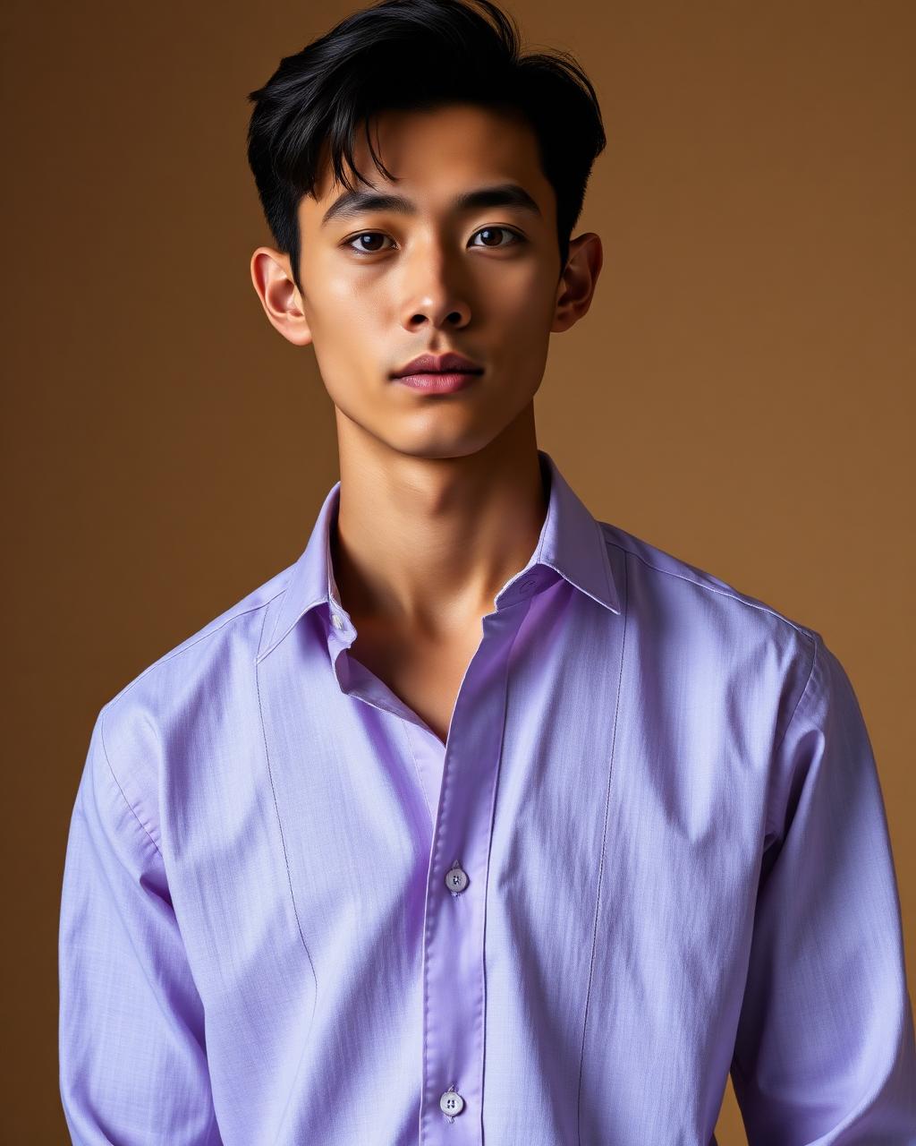 Lavender Fine Line Shirt — Men — House · Z-VIBE LINEN HERITAGE SHIRTS™ seven-view specification plate; showing 01 Front, 02 Left, 03 Right, 04 Back, 05 Interior, 06 Inner tags, 07 Fabric detail. — 01 Front, Soft Lavender