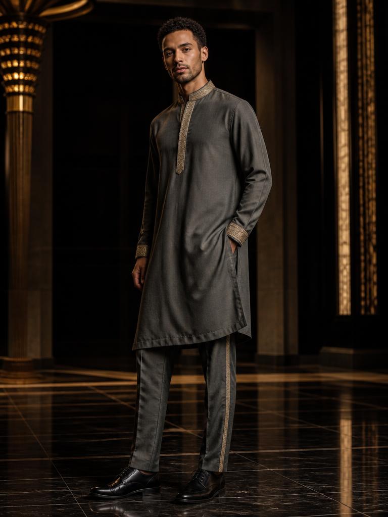 Model in a charcoal grey linen tunic with silver-gold safi embroidery