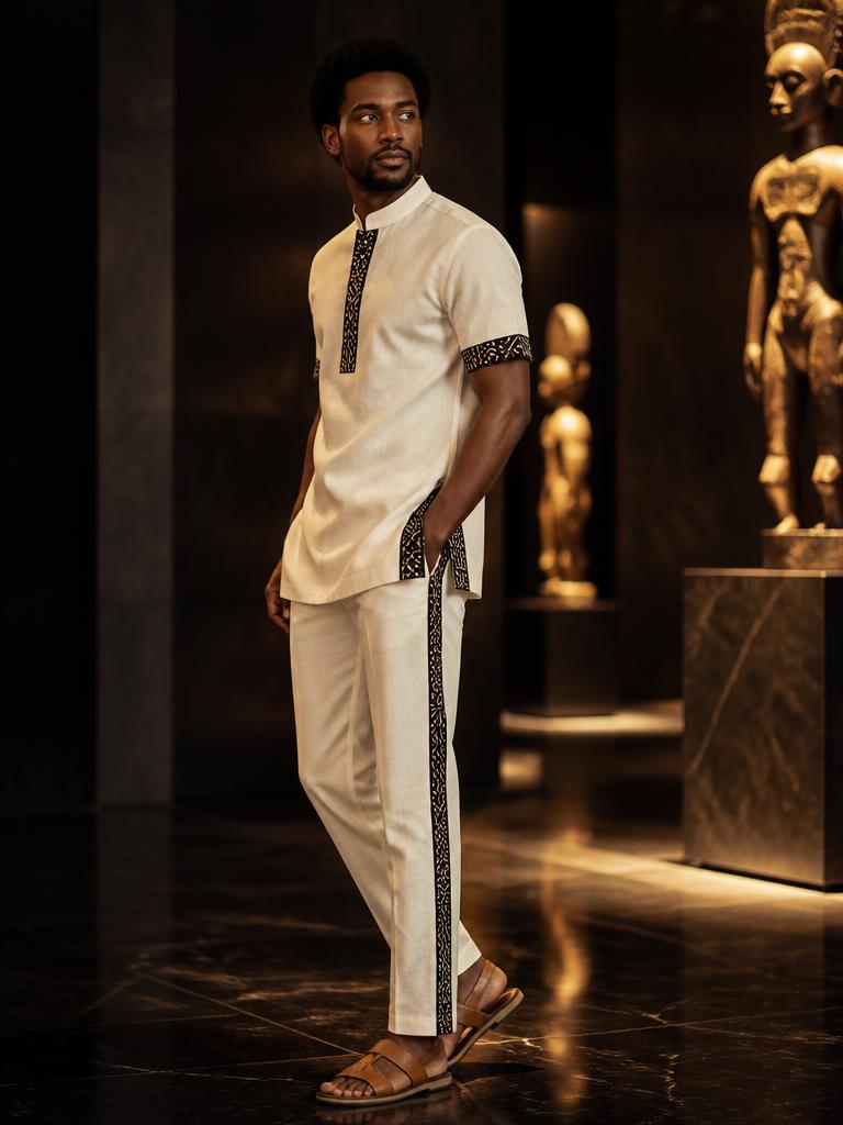 Model in an ivory short-sleeve linen set with black Bogolan mudcloth borders