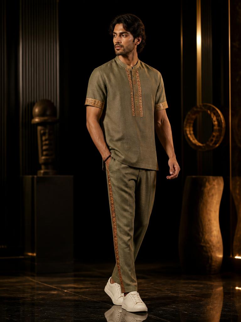 Model in an olive khaki short-sleeve linen set with rust adinkra banding