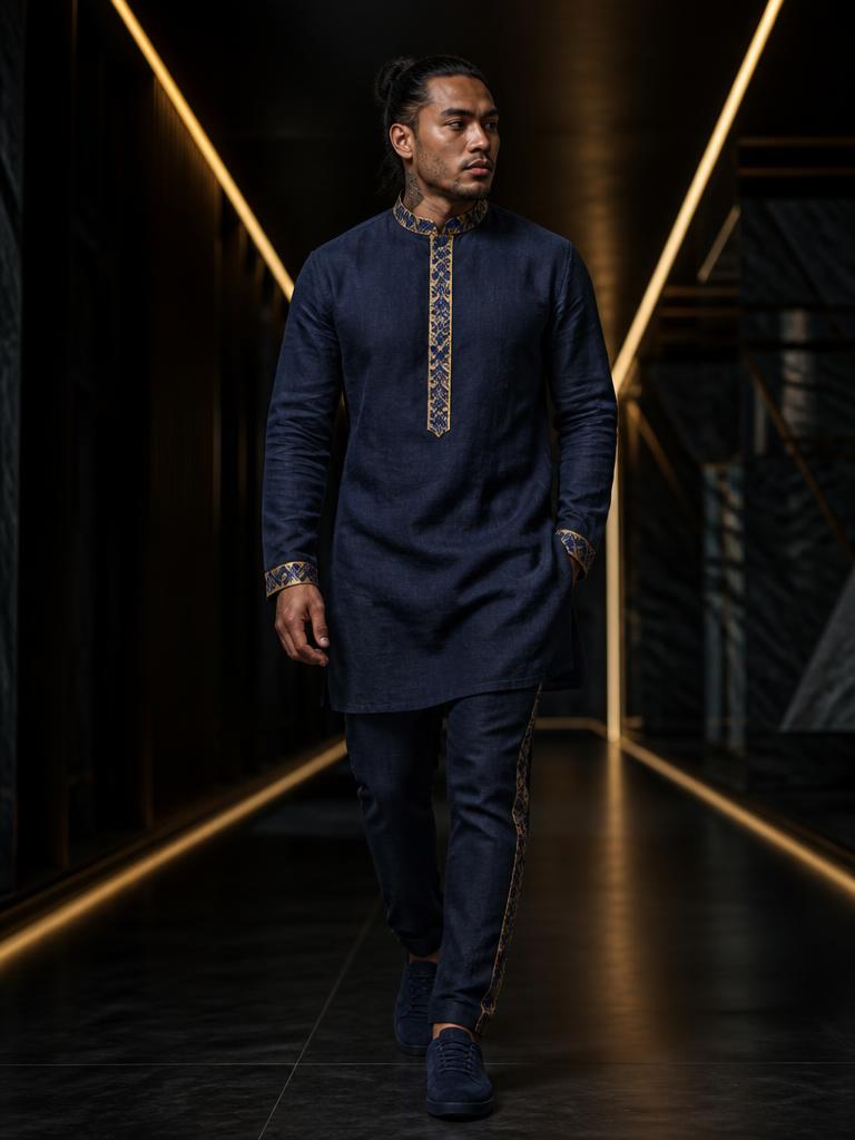 Model in a midnight navy linen tunic with gold safi embroidery walking a gold-lit corridor