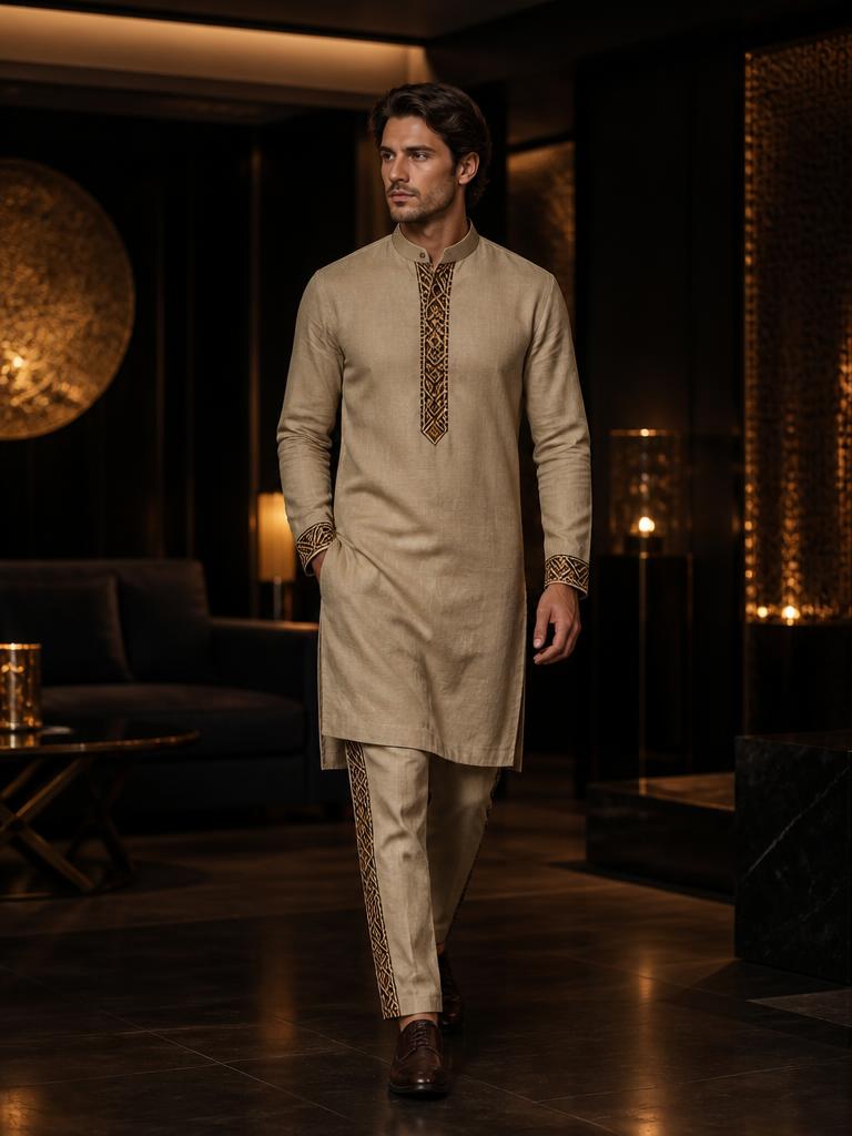 Model in a sand beige linen tunic with cocoa adinkra embroidery and matching trousers