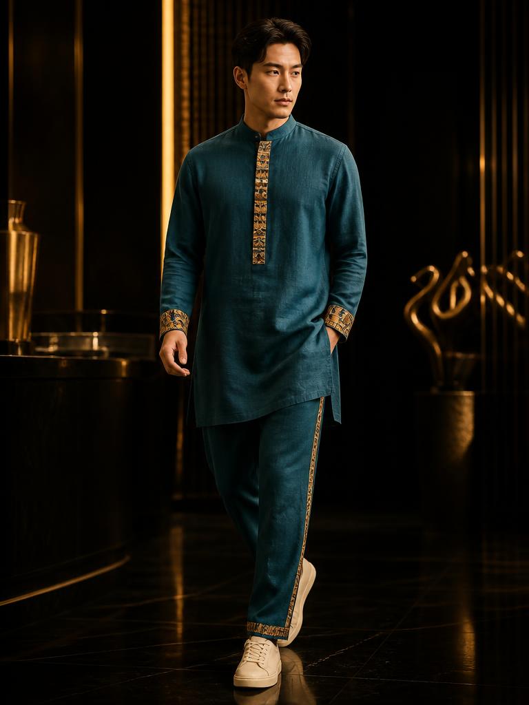 Model in a deep teal linen tunic with bronze kente trim and matching teal trousers