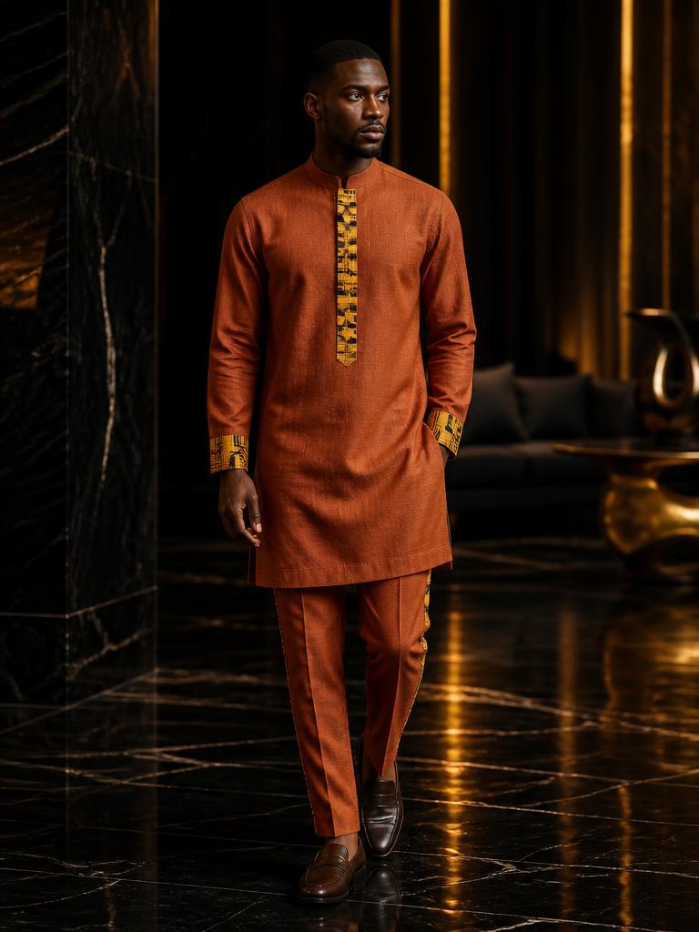 Model in a burnt terracotta linen tunic with gold and black kente placket