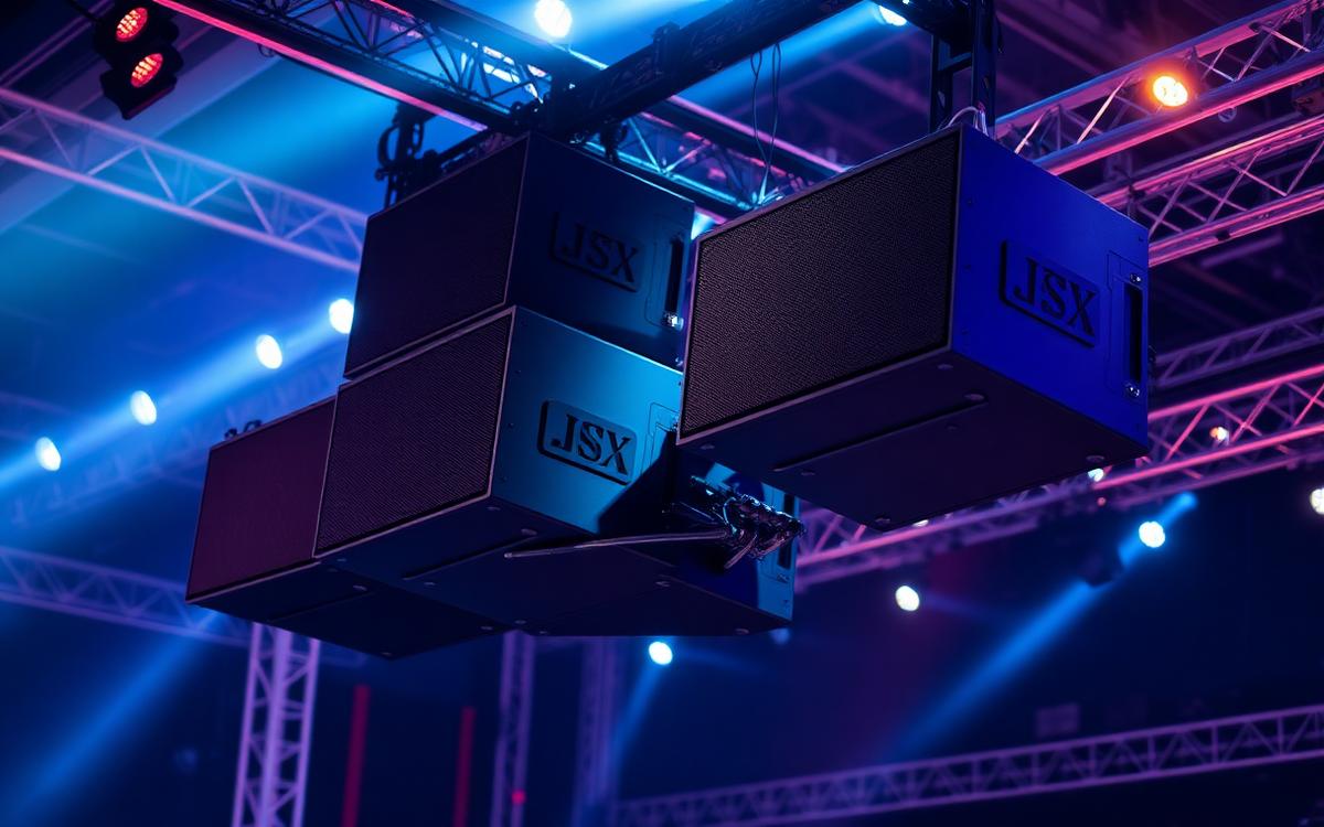Flown line array PA speaker cabinets rigged above a concert stage