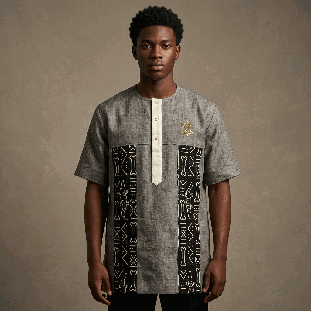 Young model wearing the Zipper Vibe heavyweight linen tunic with black-and-white Bogolan mudcloth panel stripes and a gold diamond Z at the top-left chest