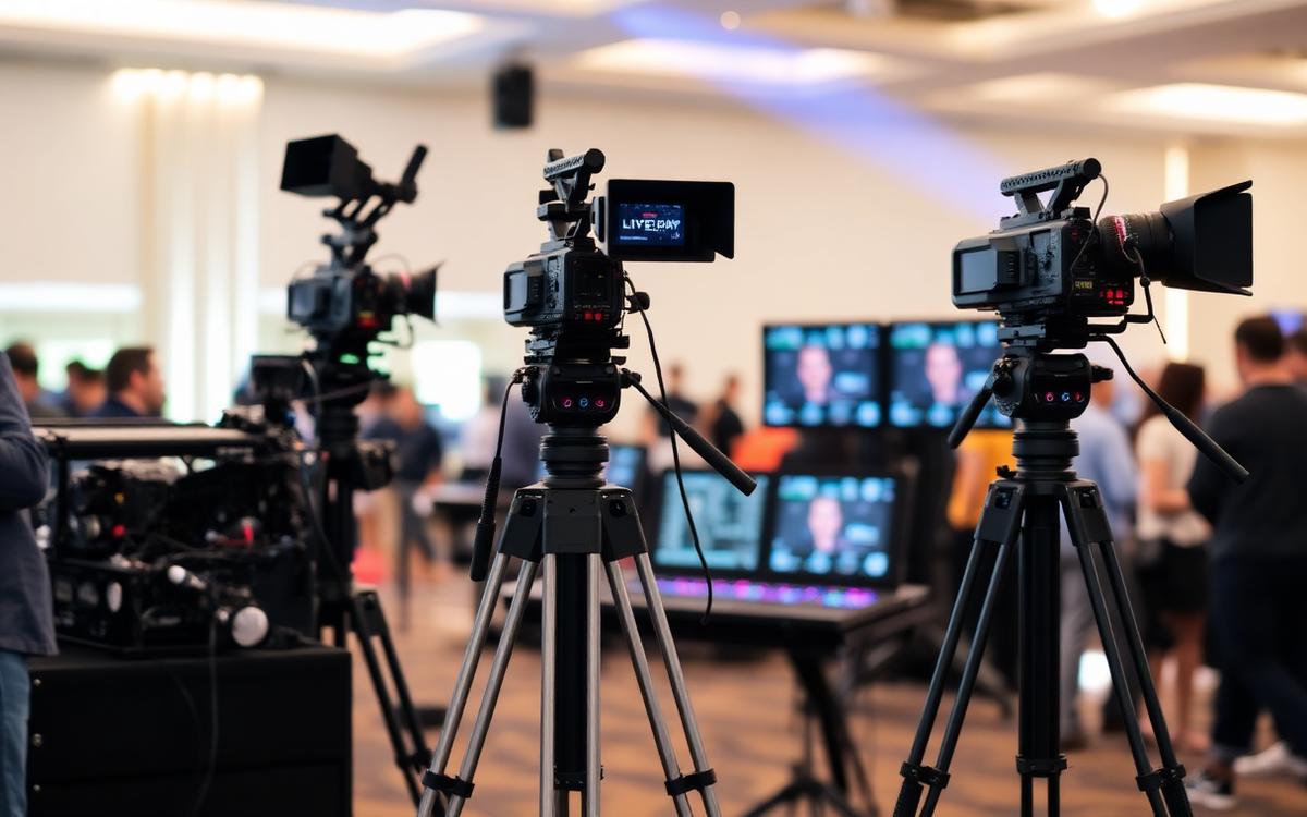Three broadcast cameras and a switcher at a livestreamed event