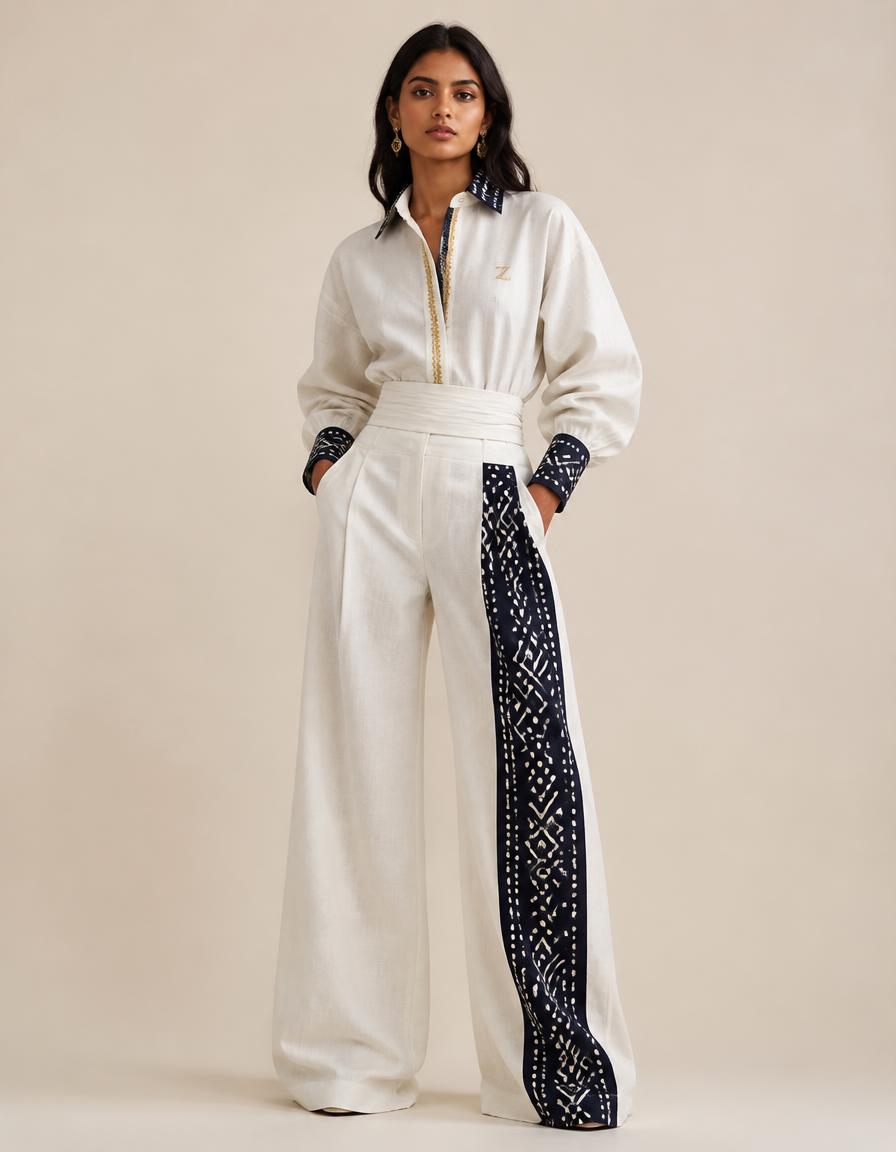 Bone Sculpt Set in Bone linen × midnight Bogolan mudcloth linen with embroidered heritage detailing
