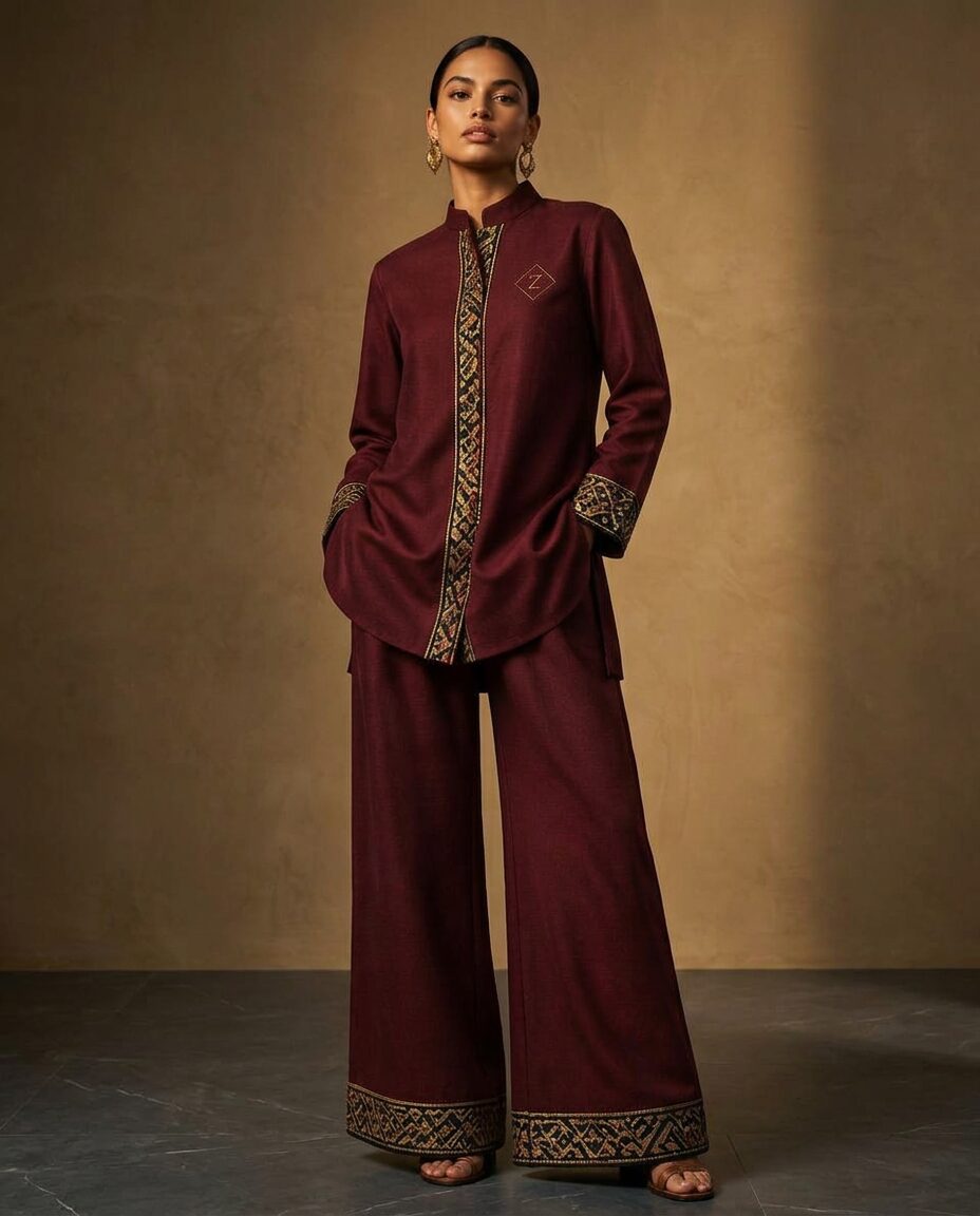 Burgundy Set — worn view of the collection look