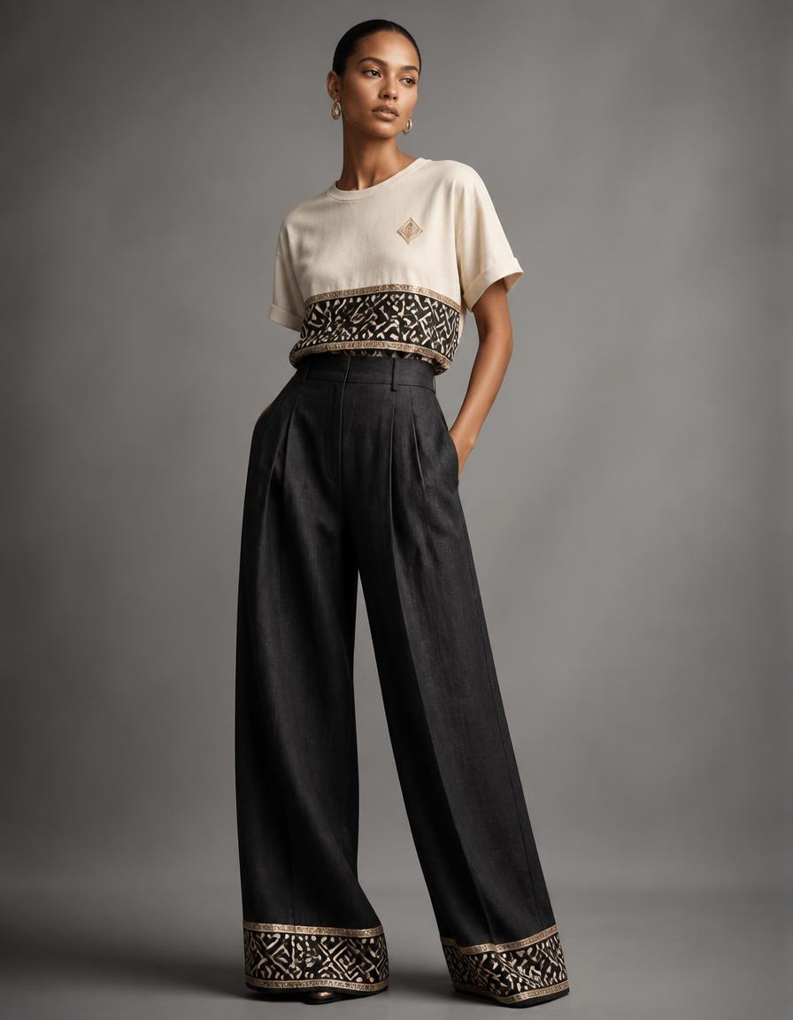 Charcoal Crease Set in Charcoal linen × gold-edged Bogolan mudcloth linen with embroidered heritage detailing
