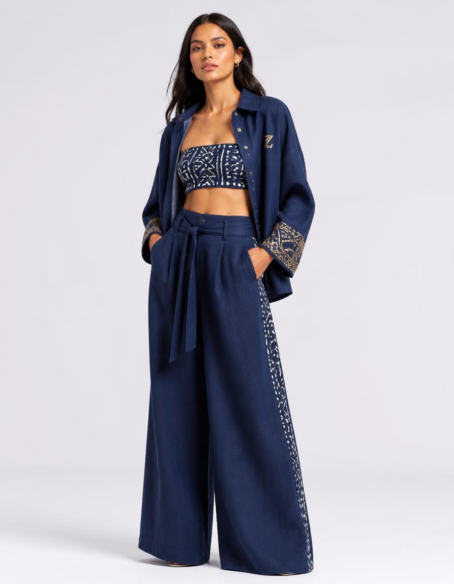 Indigo Column Set in Indigo linen × indigo-white Bogolan mudcloth linen with embroidered heritage detailing
