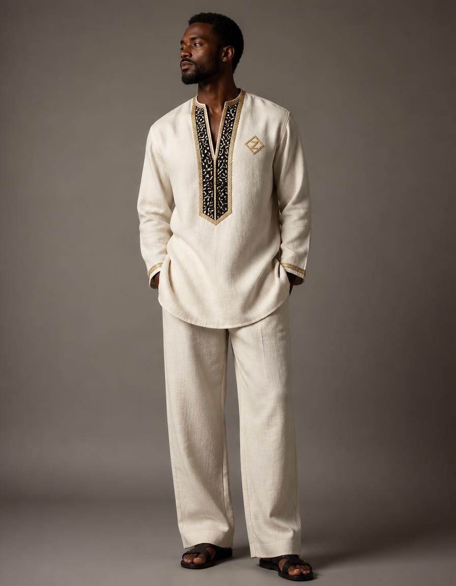 Ivory Placket Kaftan Set in Ivory linen × charcoal Bogolan mudcloth placket linen with embroidered heritage detailing