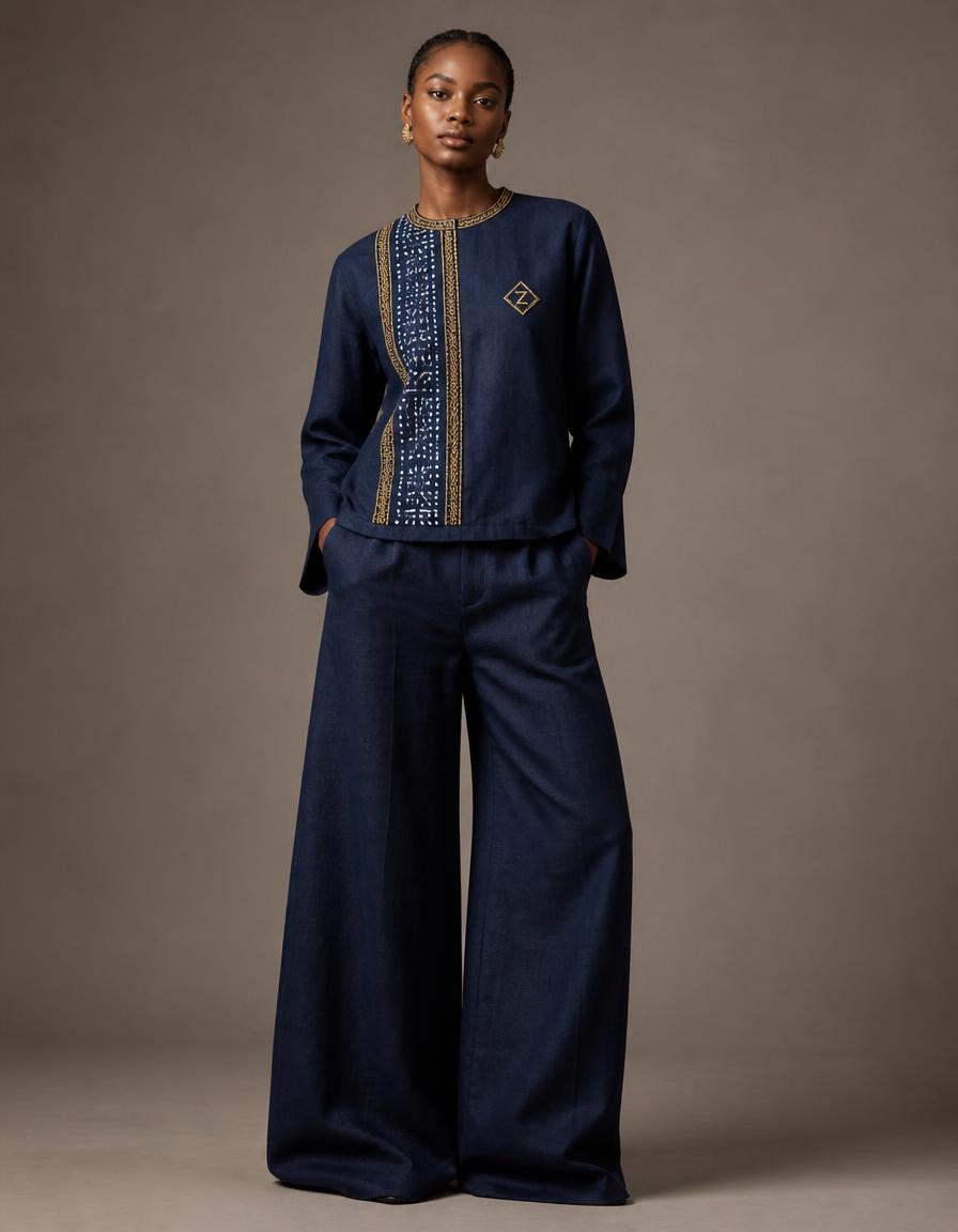 Midnight Band Set in Midnight navy linen × indigo Bogolan mudcloth band linen with embroidered heritage detailing