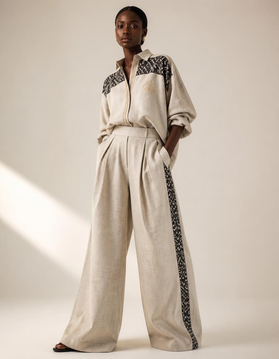 Oatmeal Pleated Set in Oatmeal linen × charcoal Bogolan mudcloth linen with embroidered heritage detailing