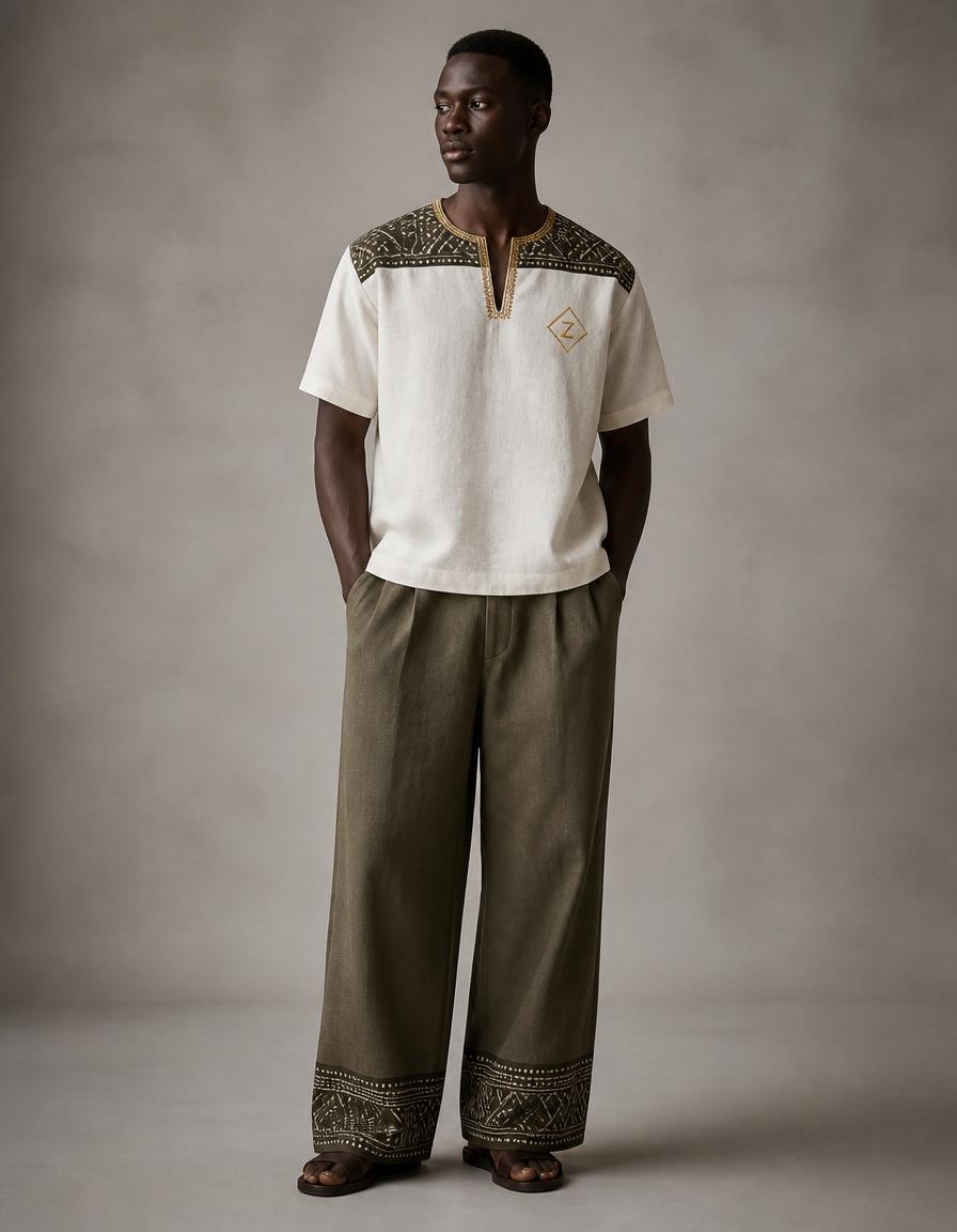 Olive Atelier Set — Men in Olive linen × olive Bogolan mudcloth linen with embroidered heritage detailing