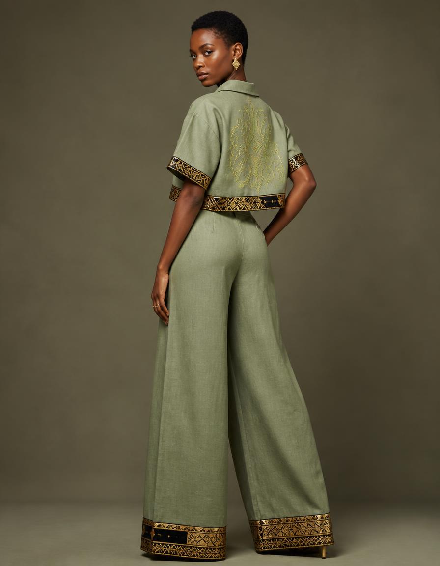 Sage Kente-Trim Set in Sage linen × gold kente-bogolan linen with embroidered heritage detailing