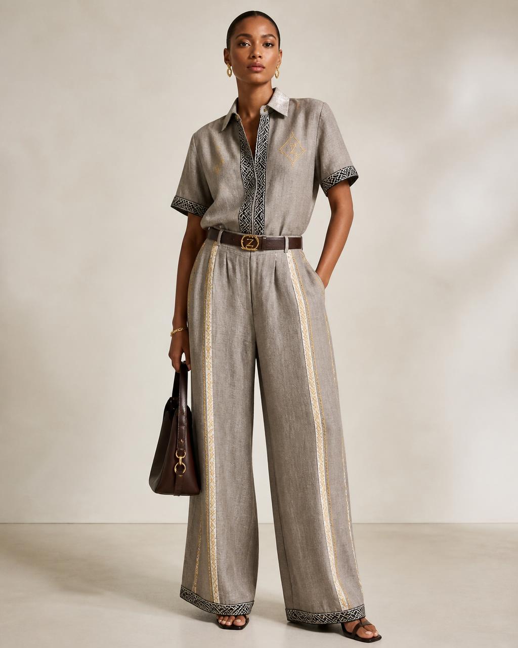 Stone Linen Set — worn view of the collection look