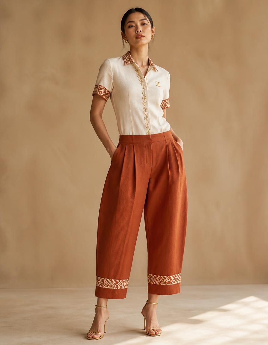 Terracotta Barrel Set in Clay linen × rust Bogolan mudcloth linen with embroidered heritage detailing