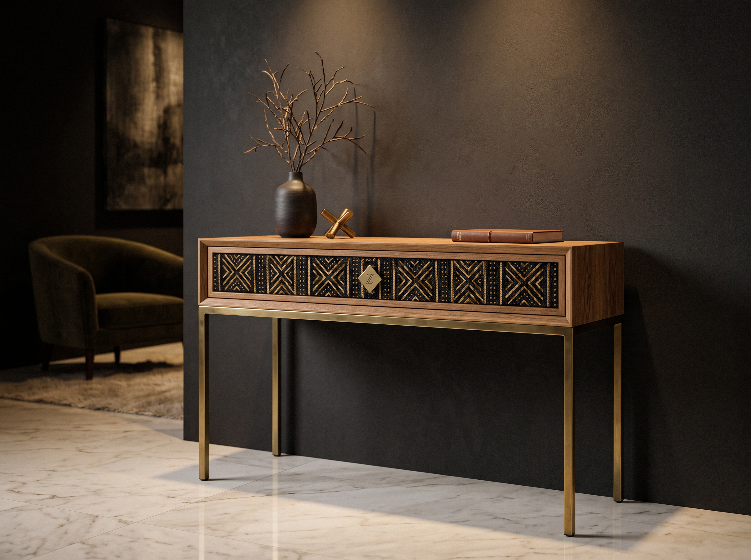 Maison Console — tables in Oak, patinated brass, woven bogolan drawer-front panel with brass diamond z pull, from Maison Living by Zipper Vibe.
