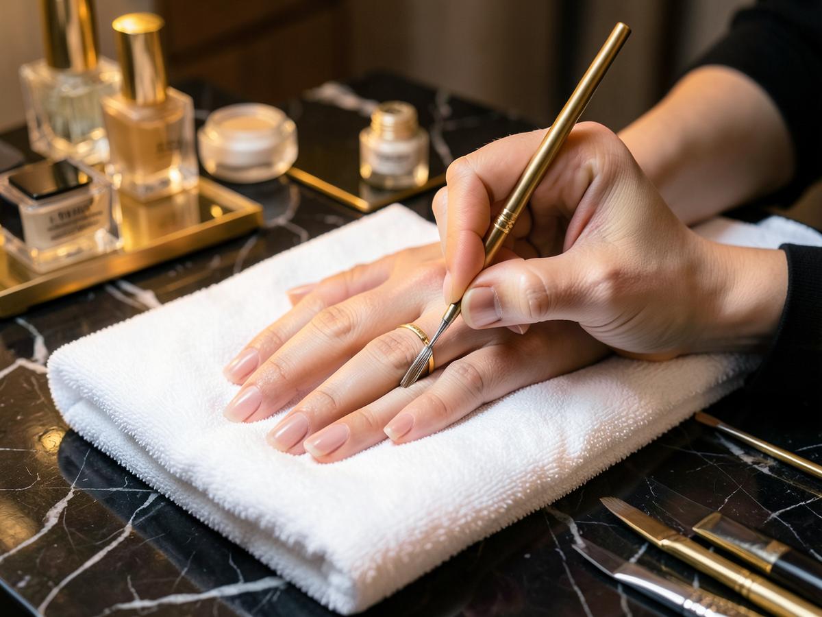 Technician shaping a client's nails on a white towel at a dark marble table