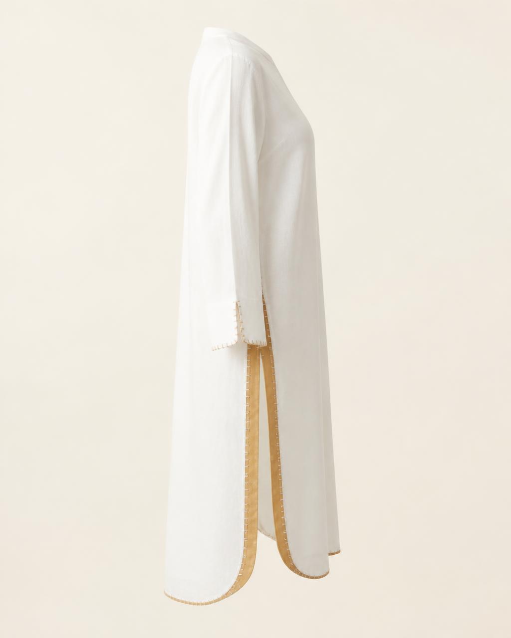 Medallion Column Linen Tunic — Women, 02 Left (view 2 of 7). Left profile: shoulder line, sleeve fall and the outer seam trim.