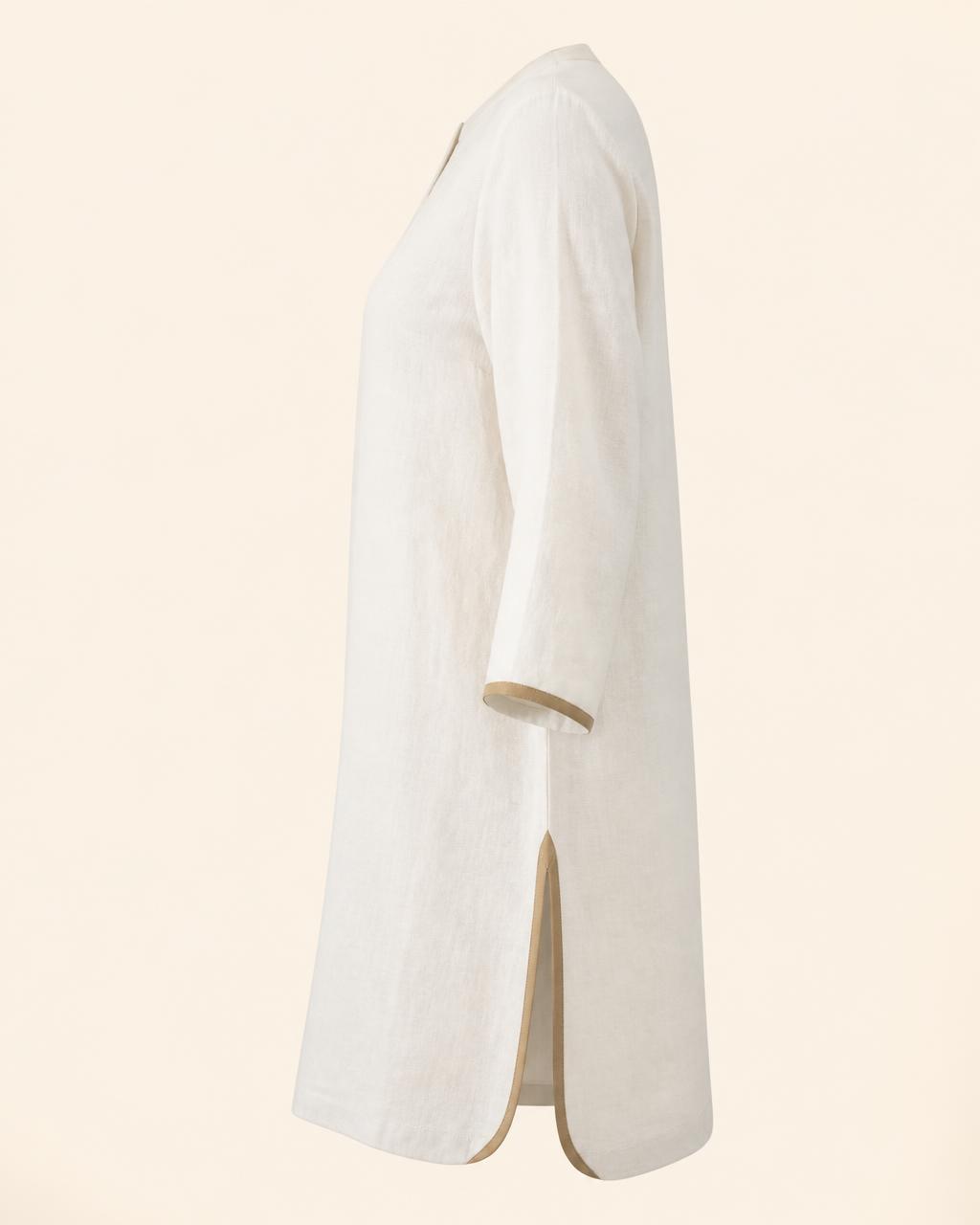 Medallion Column Linen Tunic — Women, 03 Right (view 3 of 7). Right profile: waist shaping, pocket line and the house Z mark.