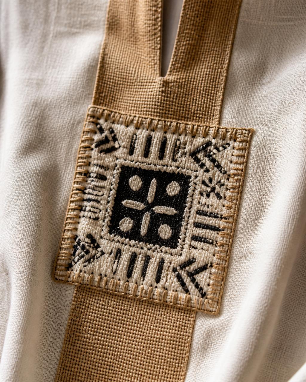 Medallion Column Linen Tunic — Women, 07 Fabric detail (view 7 of 7). Fabric detail: close study of the cloth, hand-printed mudcloth motif and stitching.