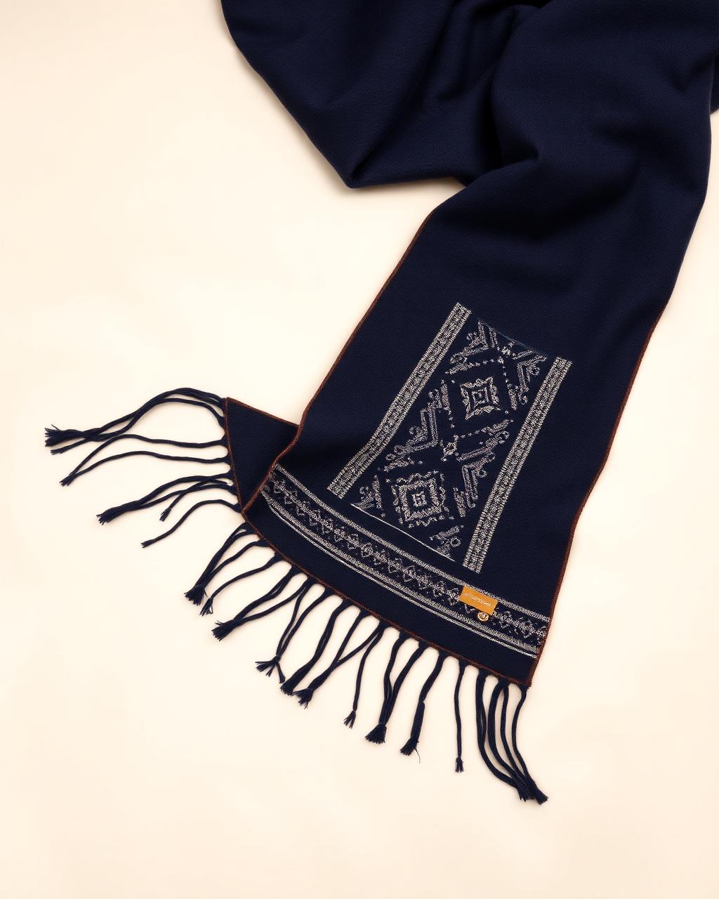 Navy Heritage Scarf — Men — House · Z-Vibe Leather Collection™ seven-view specification plate; showing 01 Front, 02 Left, 03 Right, 04 Back, 05 Interior, 06 Inner tags, 07 Fabric detail. — 01 Front, Midnight Navy