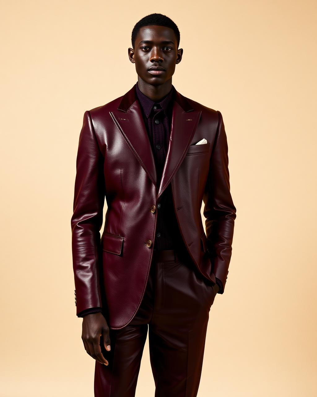 Burgundy Tailored Leather Suit — Men — House · Z-Vibe Leather Collection™ seven-view specification plate; showing 01 Front, 02 Left, 03 Right, 04 Back, 05 Interior, 06 Inner tags, 07 Fabric detail. — 01 Front, Burgundy Wine
