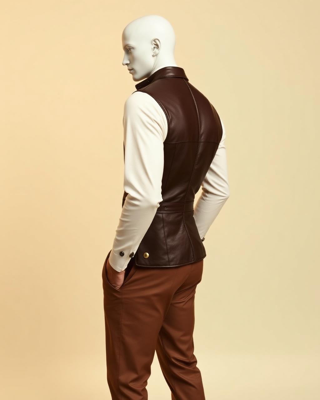 Chocolate Waistcoat Set — Men — House · Z-Vibe Leather Collection™ seven-view specification plate; showing 01 Front, 02 Left, 03 Right, 04 Back, 05 Interior, 06 Inner tags, 07 Fabric detail. — 01 Front, Chocolate
