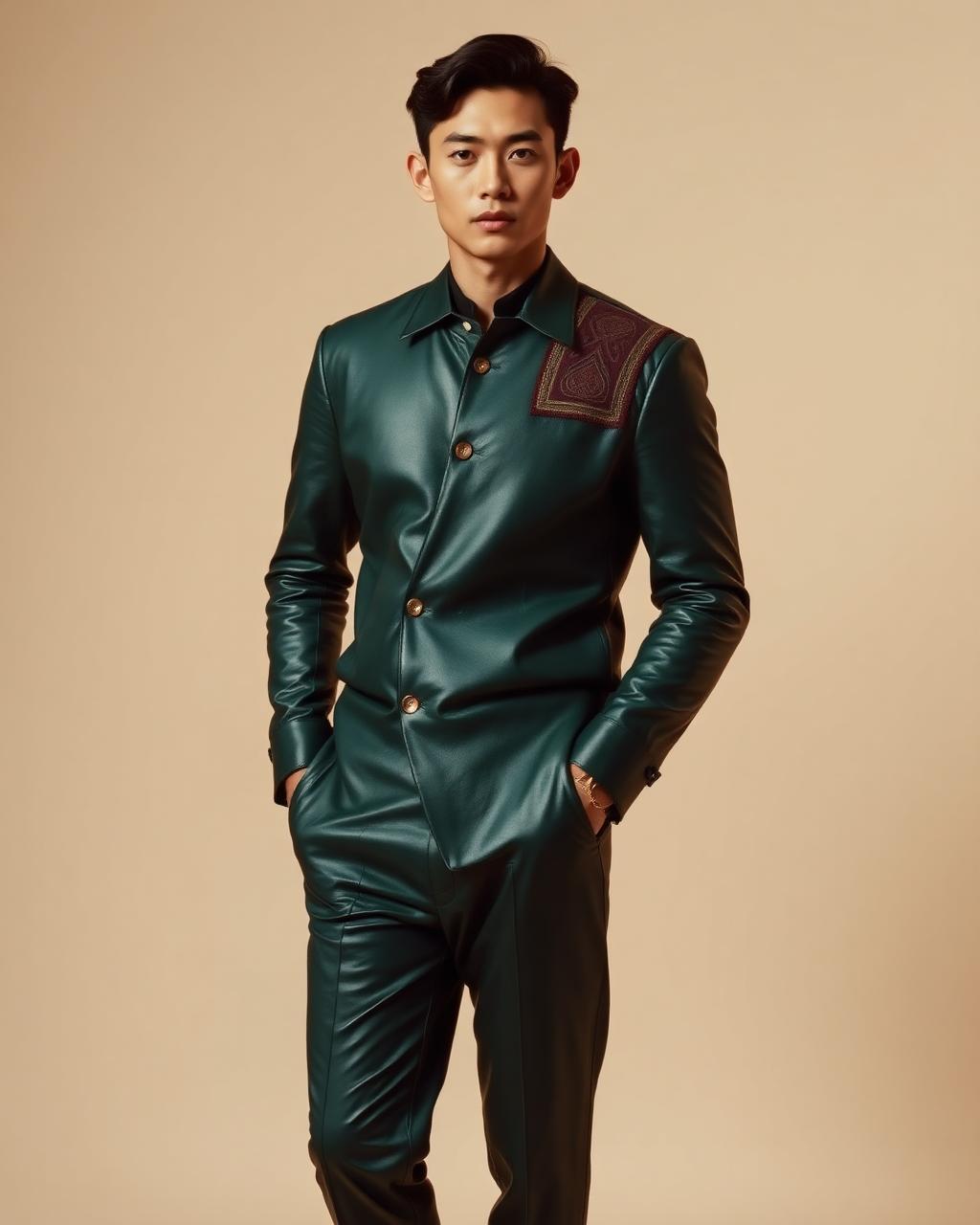 Emerald Shirt-Jacket Set — Men — House · Z-Vibe Leather Collection™ seven-view specification plate; showing 01 Front, 02 Left, 03 Right, 04 Back, 05 Interior, 06 Inner tags, 07 Fabric detail. — 01 Front, Emerald