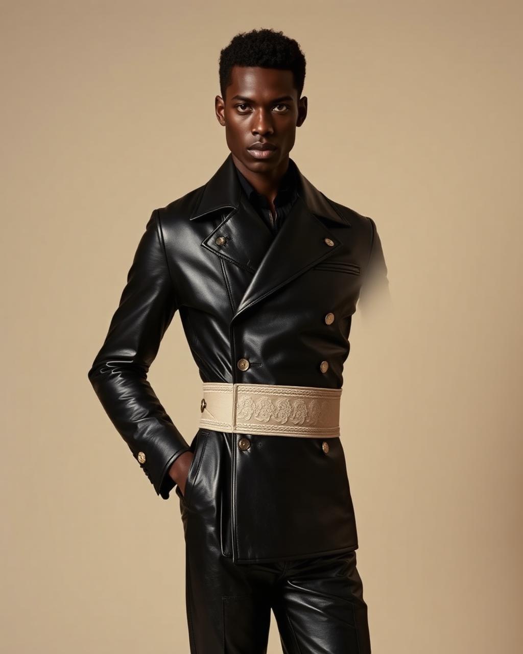 Onyx Leather Two-Piece — Men — House · Z-Vibe Leather Collection™ seven-view specification plate; showing 01 Front, 02 Left, 03 Right, 04 Back, 05 Interior, 06 Inner tags, 07 Fabric detail. — 01 Front, Onyx Black