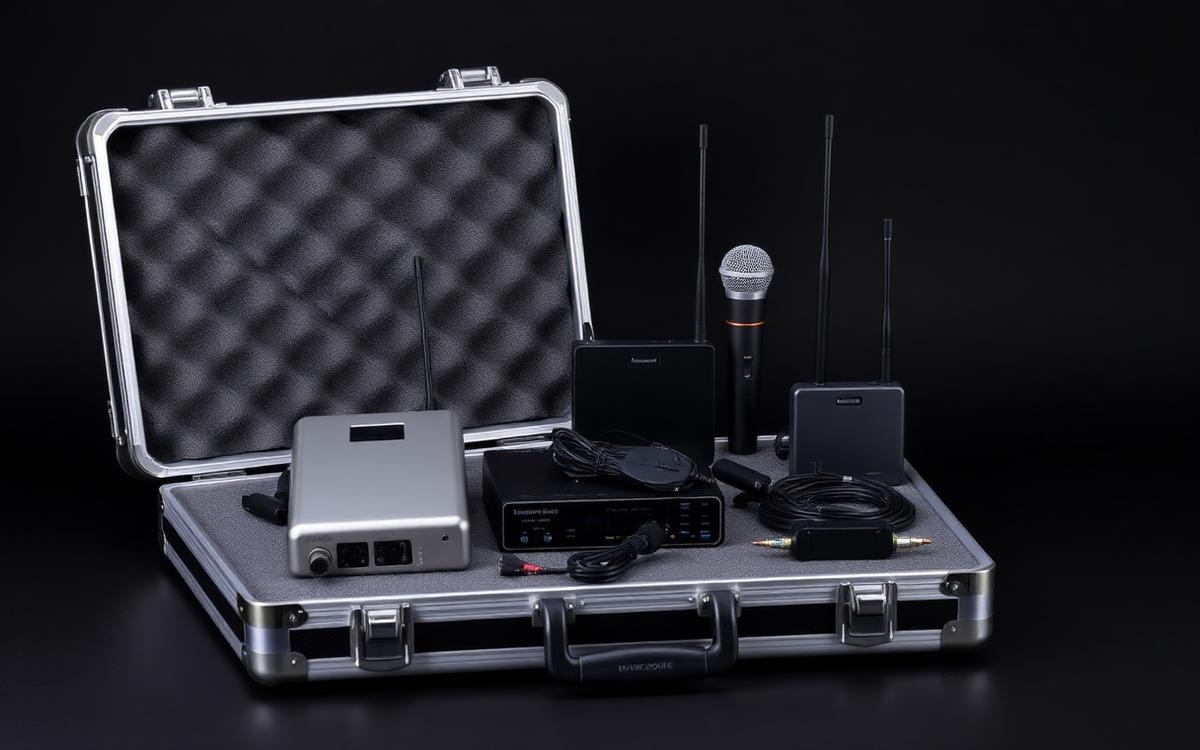 Wireless microphone kit with receivers and antennas in a flight case