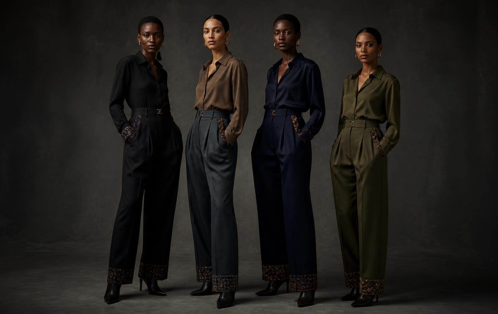 Four models in Zipper Vibe Midnight Essentials trousers in black, charcoal, indigo and olive